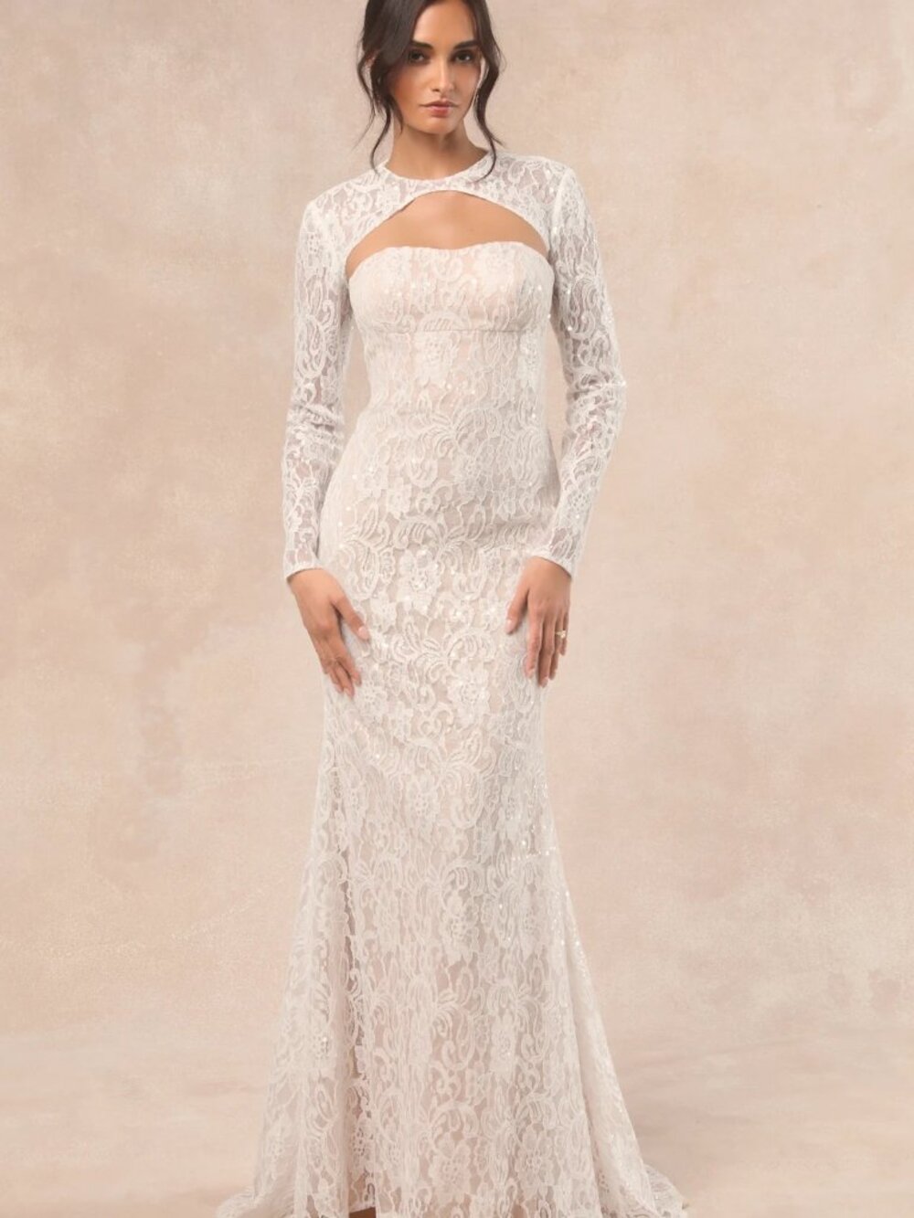 Lulus Neska White and Beige Lace Maxi Dress and Shrug Set Size Mediumm
